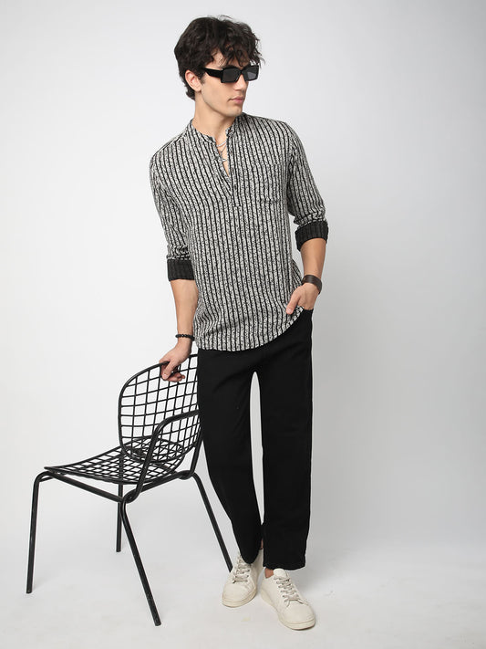 Black Mini Leaf Carved Striped Kurta