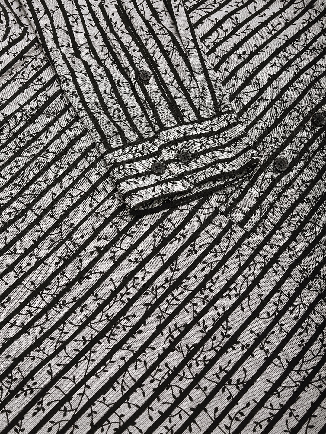 Black Mini Leaf Carved Striped Kurta