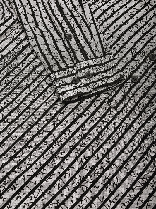 Black Mini Leaf Carved Striped Kurta