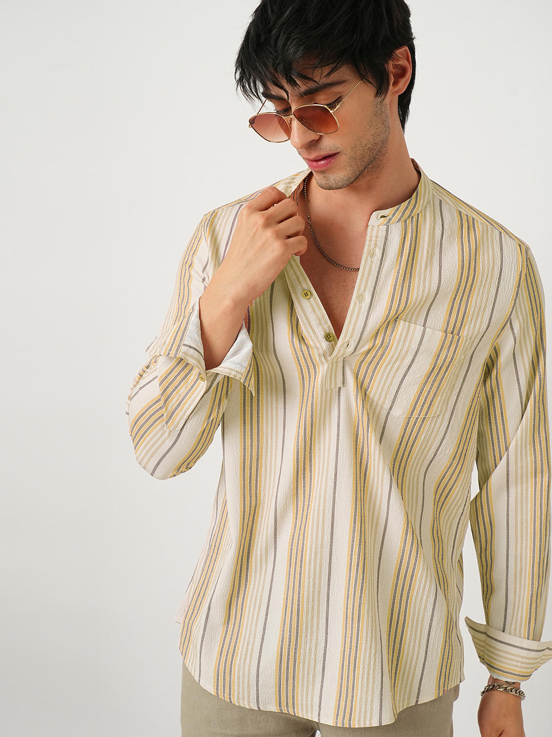 Beige Awning Stripe Crinkled Kurta