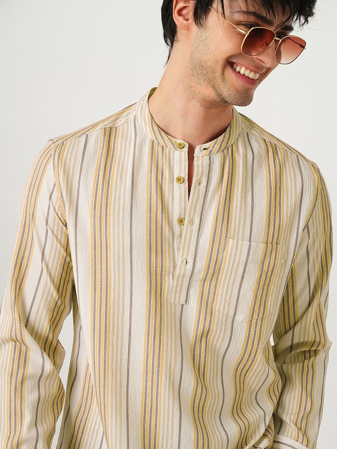 Beige Awning Stripe Crinkled Kurta