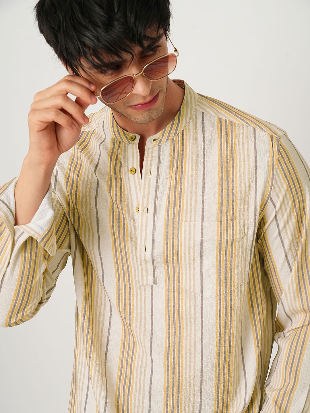 Beige Awning Stripe Crinkled Kurta