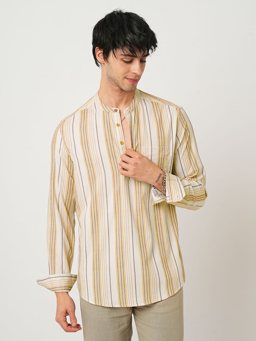 Beige Awning Stripe Crinkled Kurta