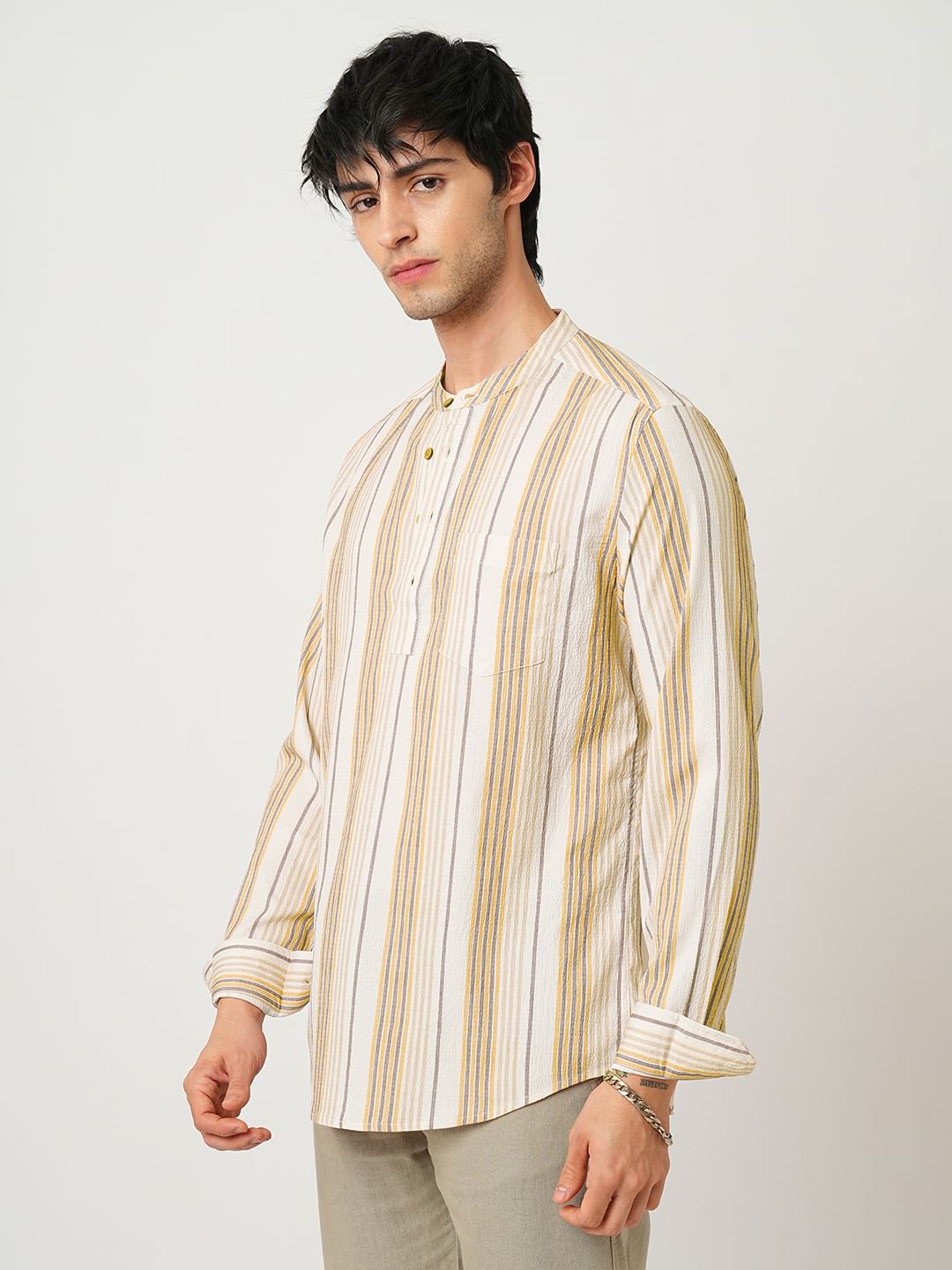 Beige Awning Stripe Crinkled Kurta