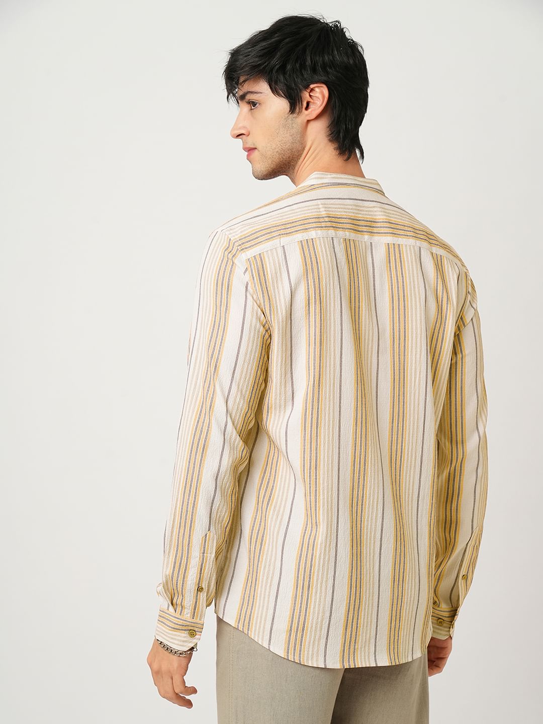 Beige Awning Stripe Crinkled Kurta