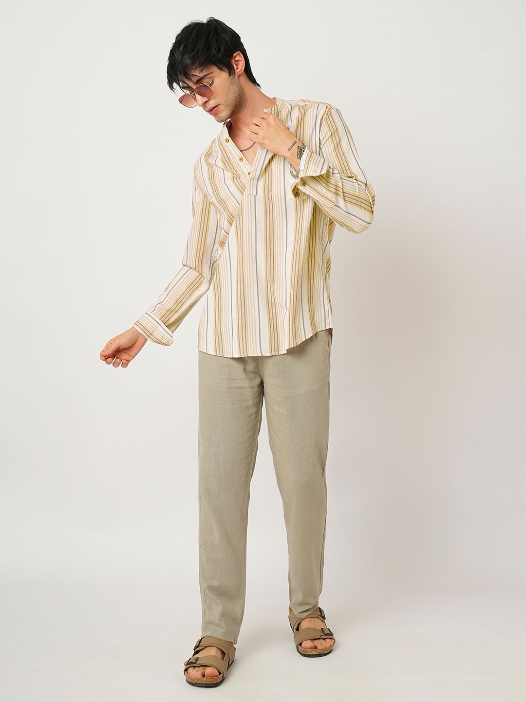 Beige Awning Stripe Crinkled Kurta