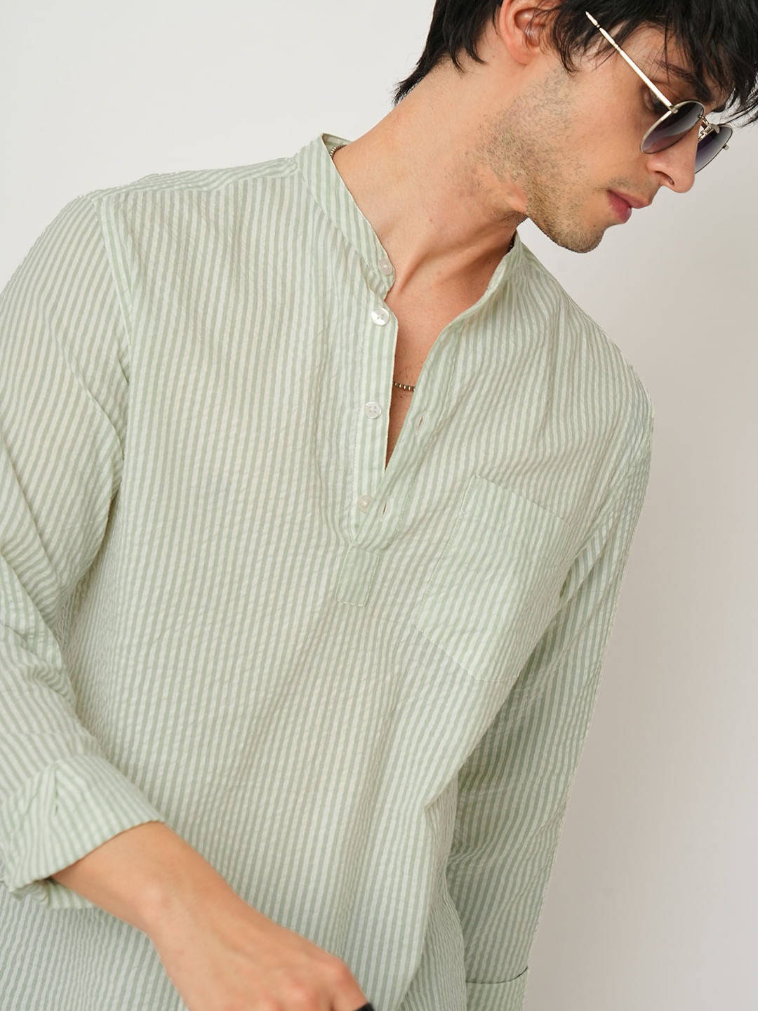 Mint Green Striped Seersucker Kurta