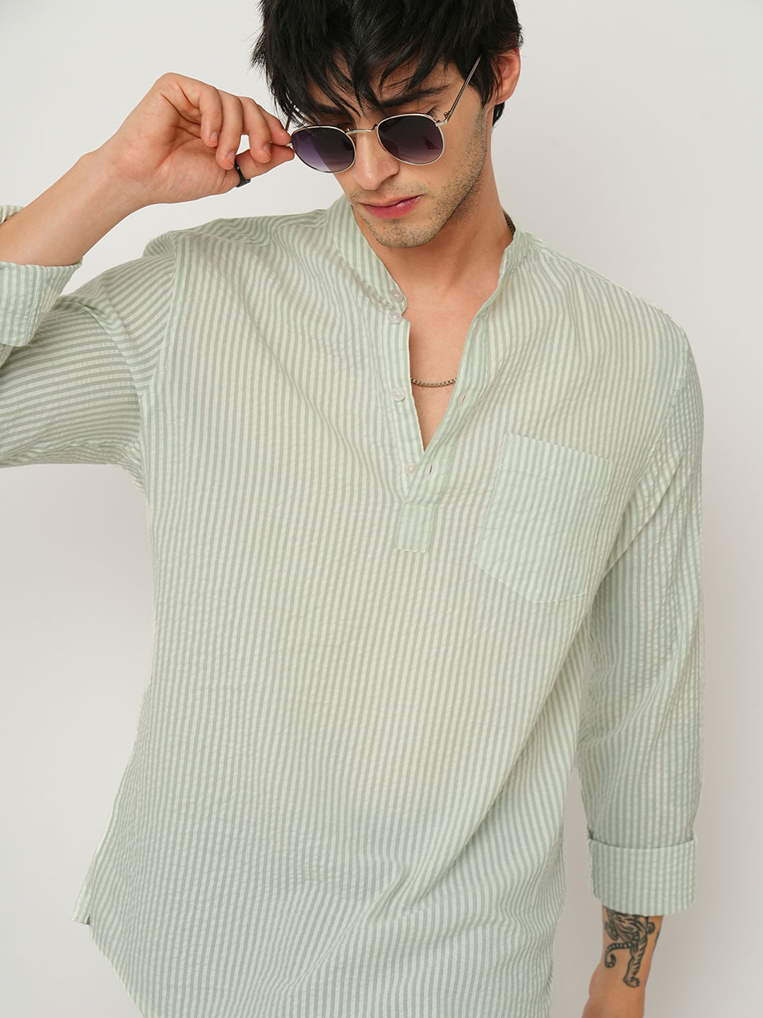 Mint Green Striped Seersucker Kurta