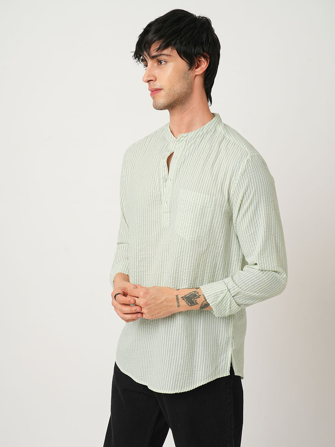 Mint Green Striped Seersucker Kurta