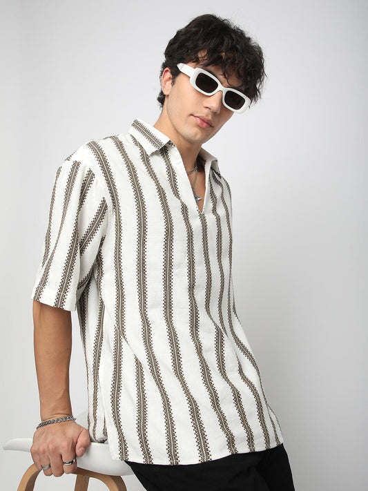Premium Cotton White & Olive Embroidered Oversized Polo Shirt