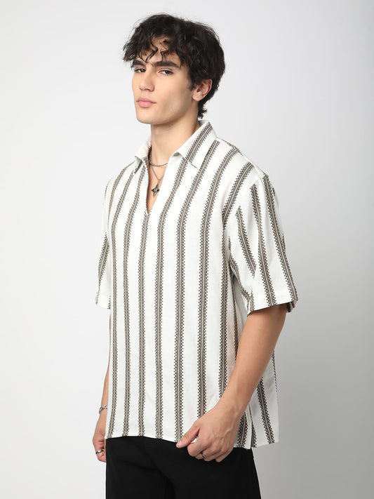 Premium Cotton White & Olive Embroidered Oversized Polo Shirt