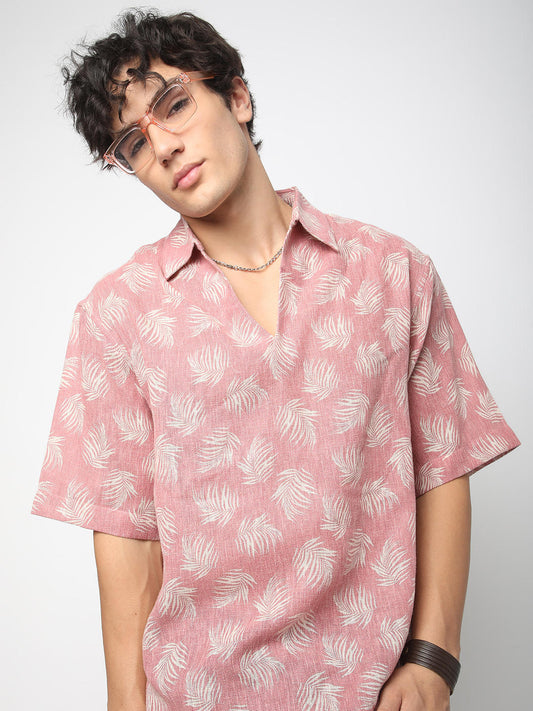 Peachy Pink Coco Leaf Printed Burlap Oversized Polo Shirt
