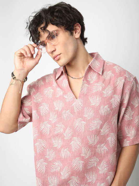 Peachy Pink Coco Leaf Printed Burlap Oversized Polo Shirt