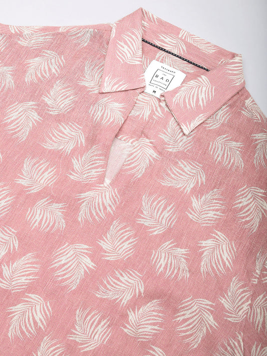 Peachy Pink Coco Leaf Printed Burlap Oversized Polo Shirt