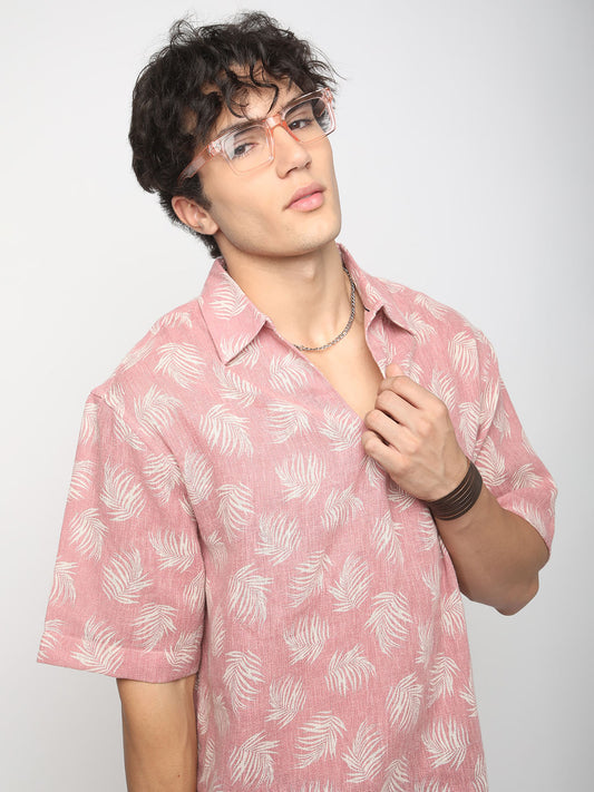 Peachy Pink Coco Leaf Printed Burlap Oversized Polo Shirt