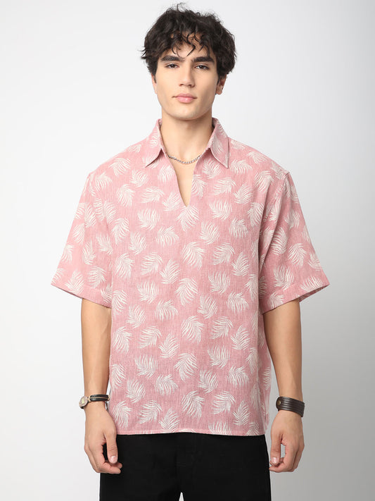 Peachy Pink Coco Leaf Printed Burlap Oversized Polo Shirt