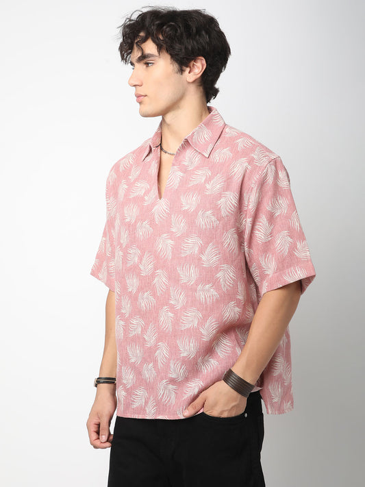 Peachy Pink Coco Leaf Printed Burlap Oversized Polo Shirt