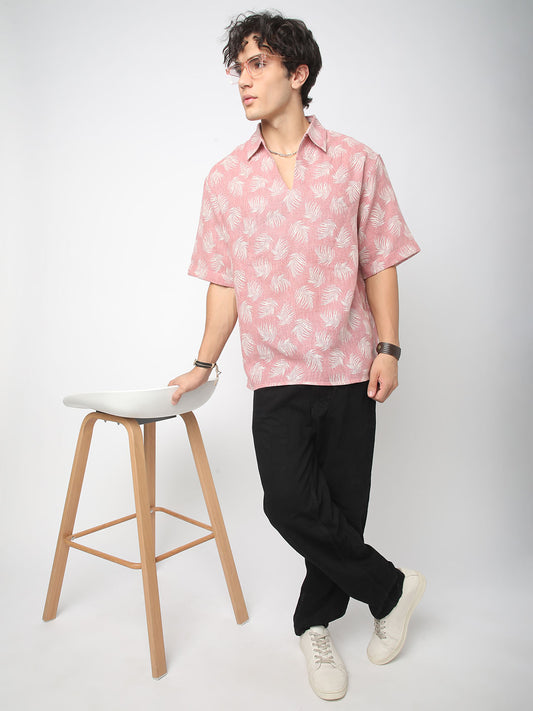 Peachy Pink Coco Leaf Printed Burlap Oversized Polo Shirt