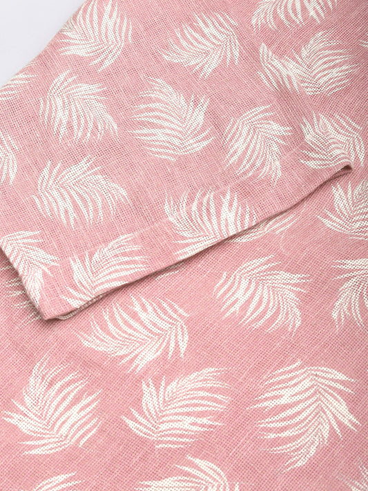 Peachy Pink Coco Leaf Printed Burlap Oversized Polo Shirt