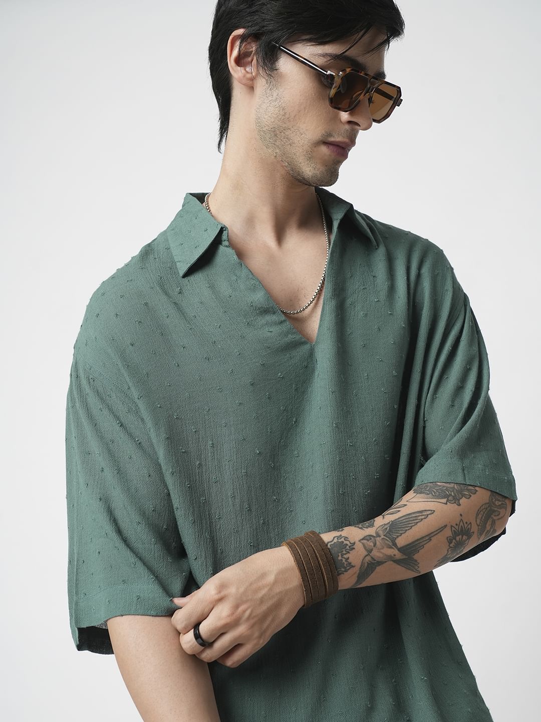 Persian Green Ditsy Dobby Oversized Polo Shirt