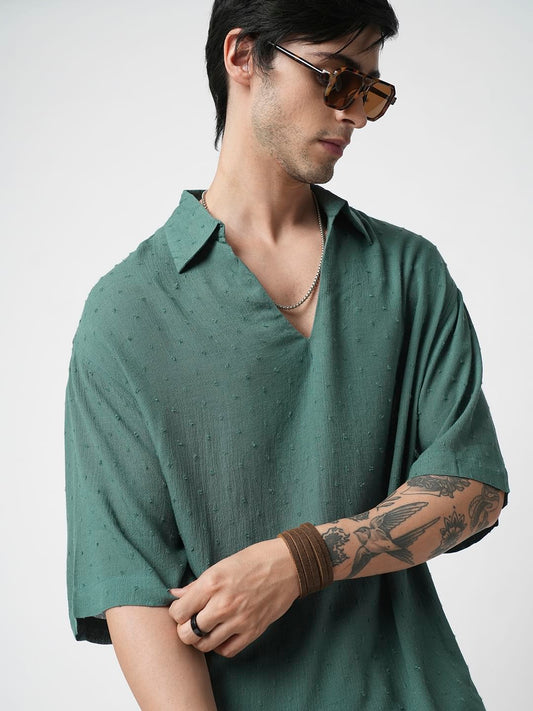 Persian Green Ditsy Dobby Oversized Polo Shirt