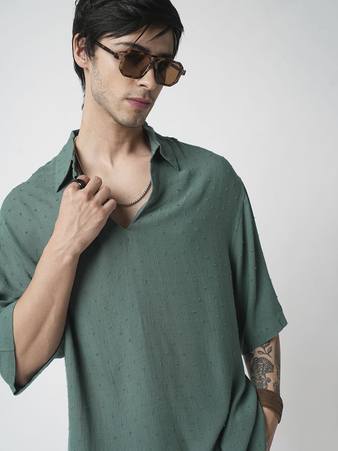 Persian Green Ditsy Dobby Oversized Polo Shirt