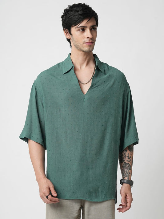 Persian Green Ditsy Dobby Oversized Polo Shirt