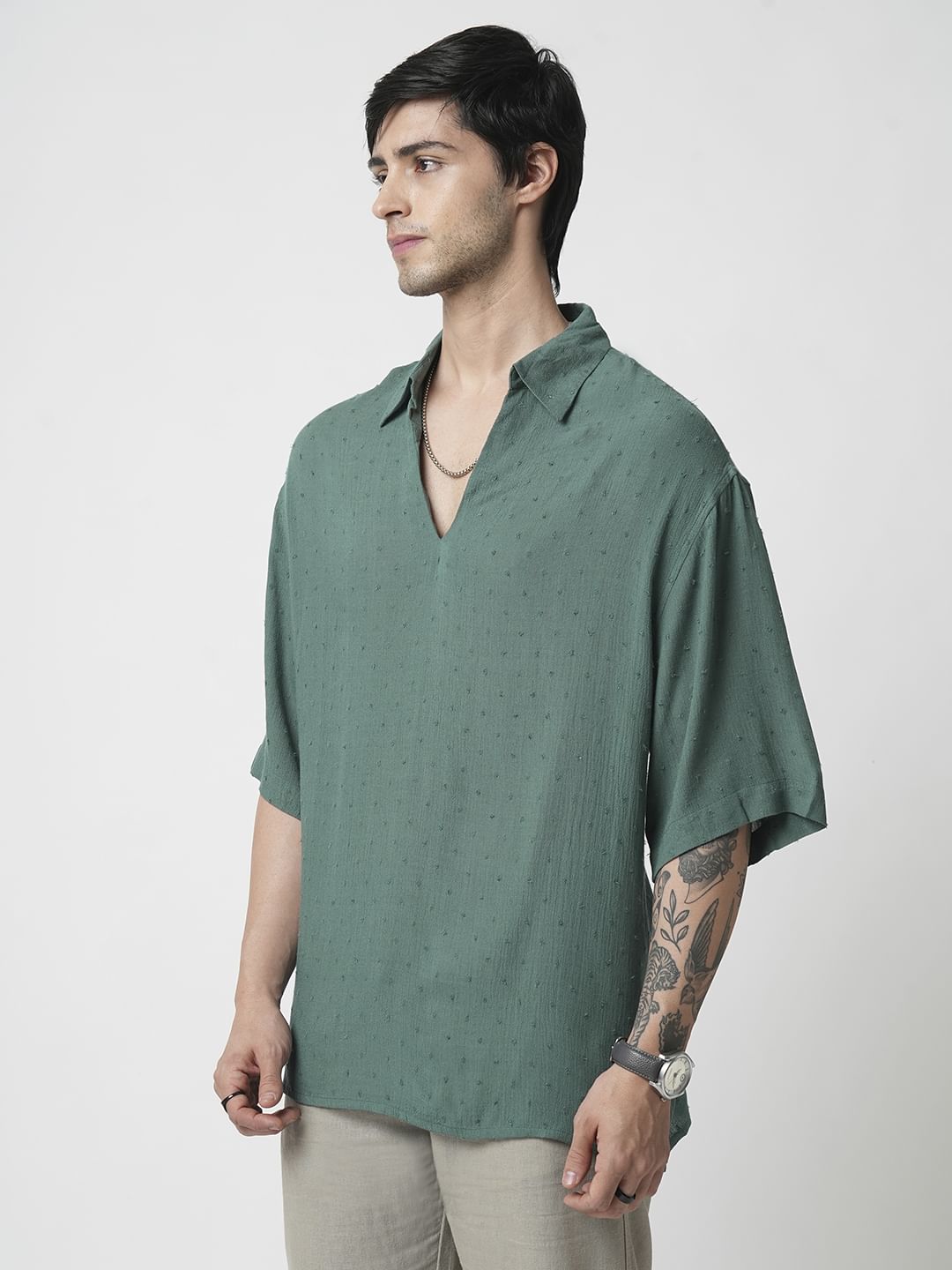 Persian Green Ditsy Dobby Oversized Polo Shirt