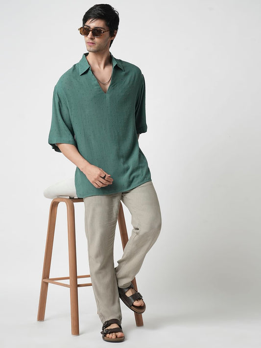 Persian Green Ditsy Dobby Oversized Polo Shirt