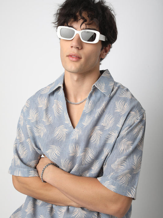 Powder Blue Coco Leaf Printed Burlap Oversized Polo Shirt