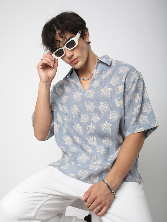 Powder Blue Coco Leaf Printed Burlap Oversized Polo Shirt