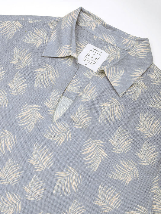 Powder Blue Coco Leaf Printed Burlap Oversized Polo Shirt