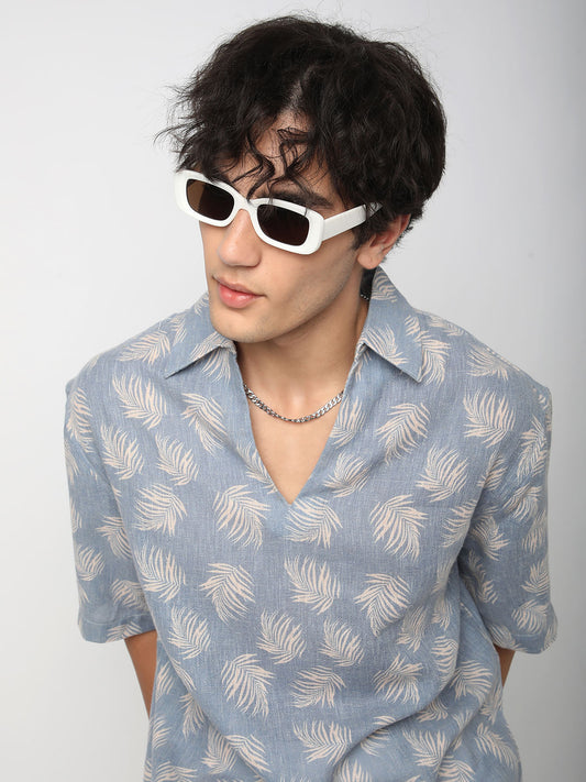 Powder Blue Coco Leaf Printed Burlap Oversized Polo Shirt