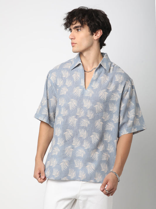 Powder Blue Coco Leaf Printed Burlap Oversized Polo Shirt