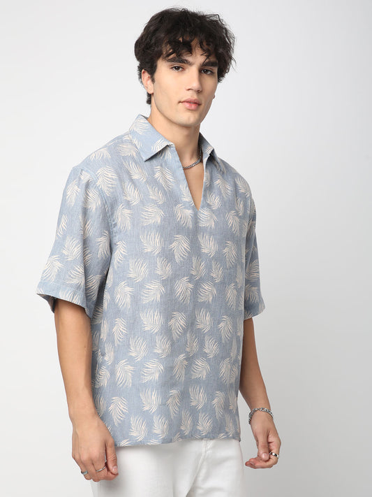 Powder Blue Coco Leaf Printed Burlap Oversized Polo Shirt