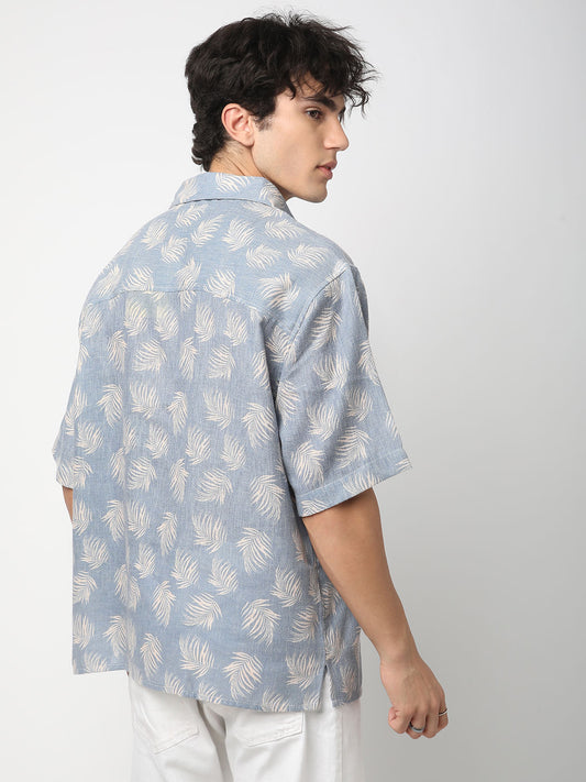 Powder Blue Coco Leaf Printed Burlap Oversized Polo Shirt