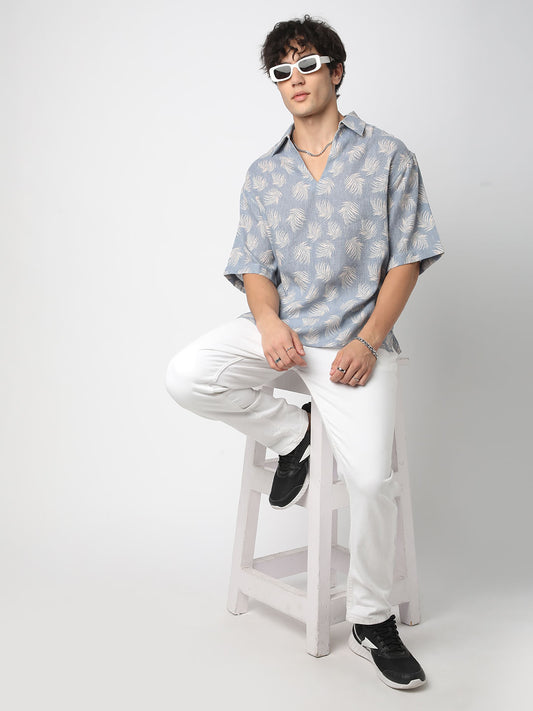 Powder Blue Coco Leaf Printed Burlap Oversized Polo Shirt