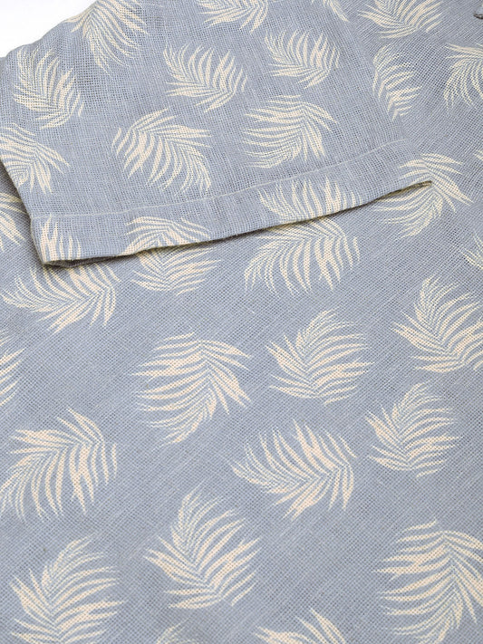 Powder Blue Coco Leaf Printed Burlap Oversized Polo Shirt