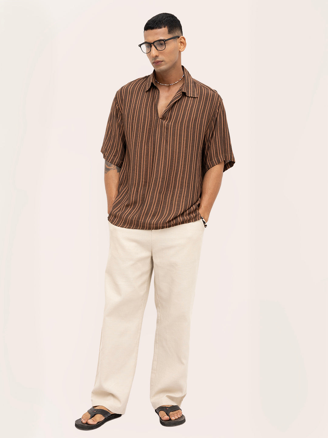 Brown Dobby Striped Oversized Polo Shirt