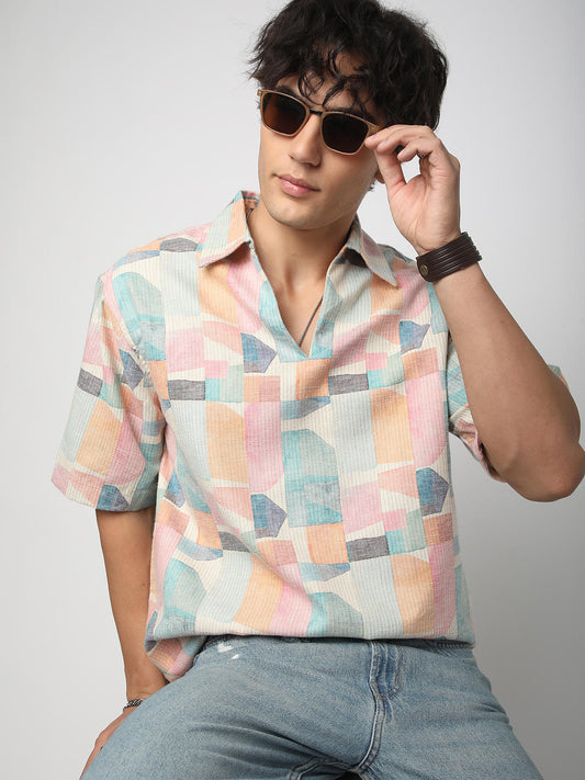 Soft Pastel Hues Abstract Printed Oversized Polo Shirt