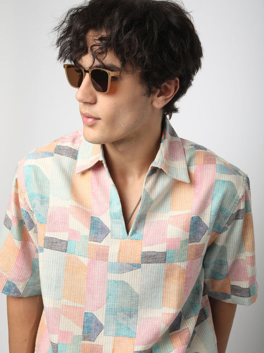 Soft Pastel Hues Abstract Printed Oversized Polo Shirt