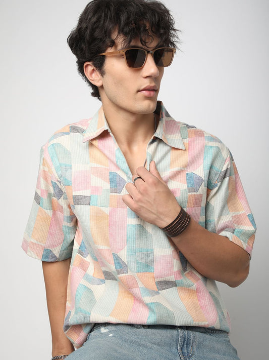 Soft Pastel Hues Abstract Printed Oversized Polo Shirt