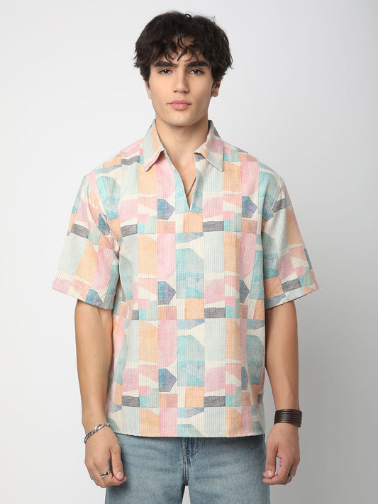 Soft Pastel Hues Abstract Printed Oversized Polo Shirt