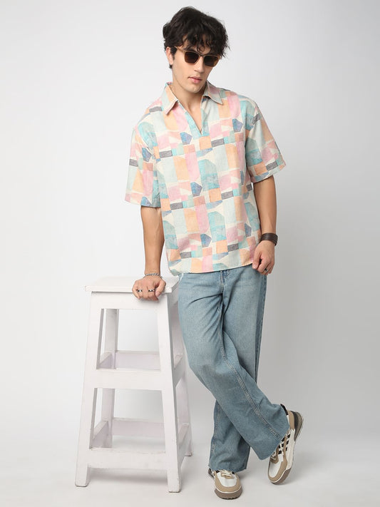 Soft Pastel Hues Abstract Printed Oversized Polo Shirt