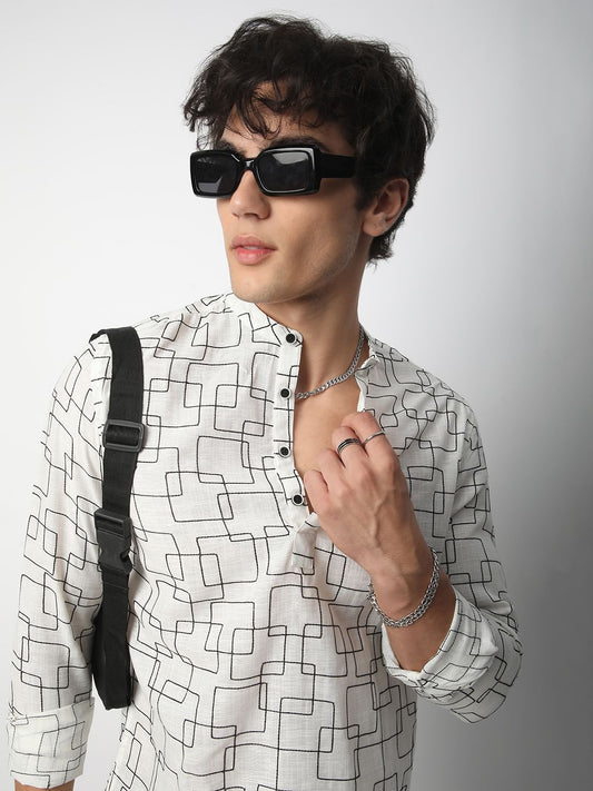 White Squarish Contrast Embroidered Kurta