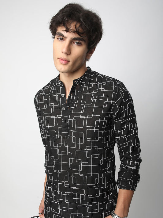 Black Maze Contrast Embroidered Kurta