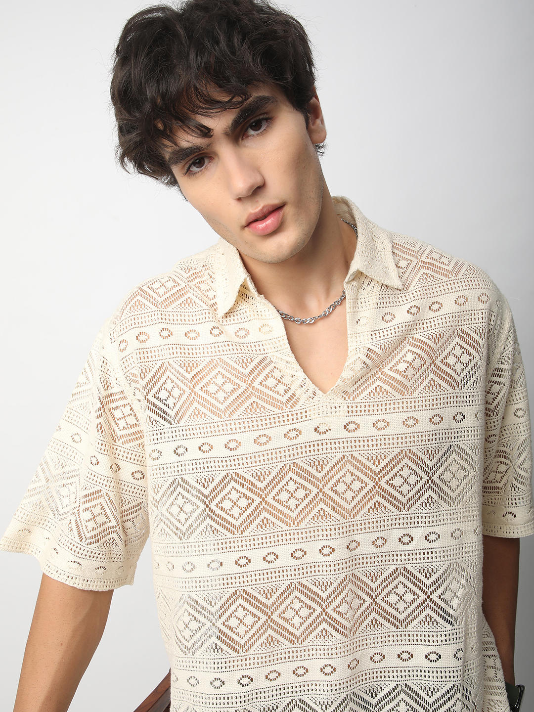 Finesse Ivory Breezy Mesh Oversized Polo Shirt
