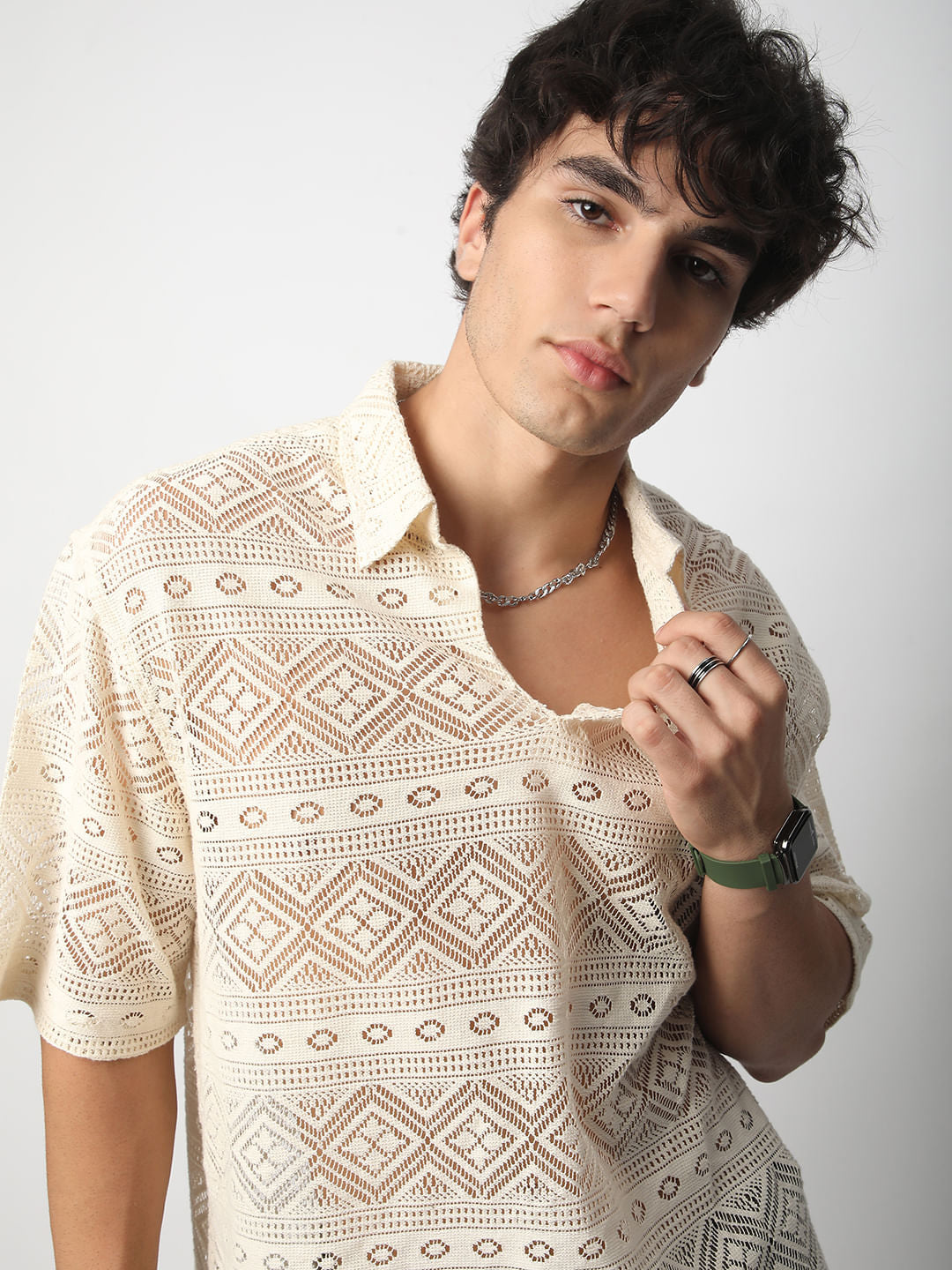 Finesse Ivory Breezy Mesh Oversized Polo Shirt