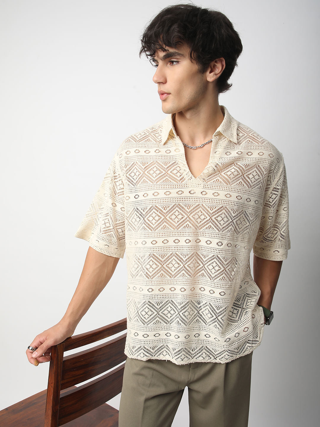 Finesse Ivory Breezy Mesh Oversized Polo Shirt