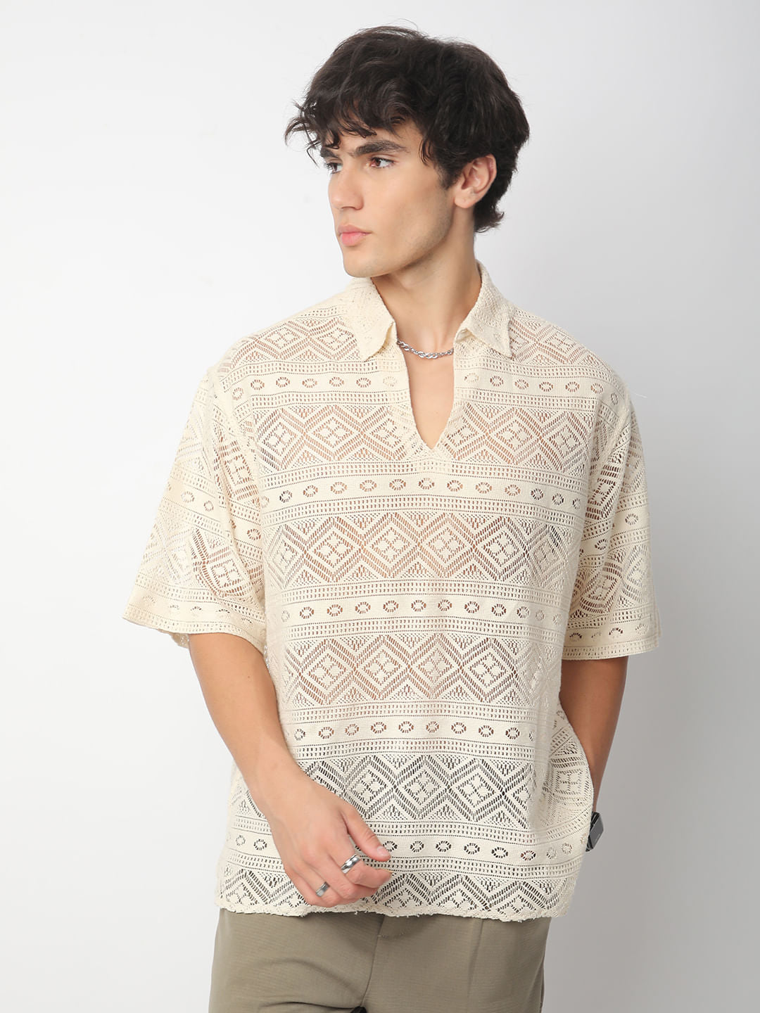 Finesse Ivory Breezy Mesh Oversized Polo Shirt